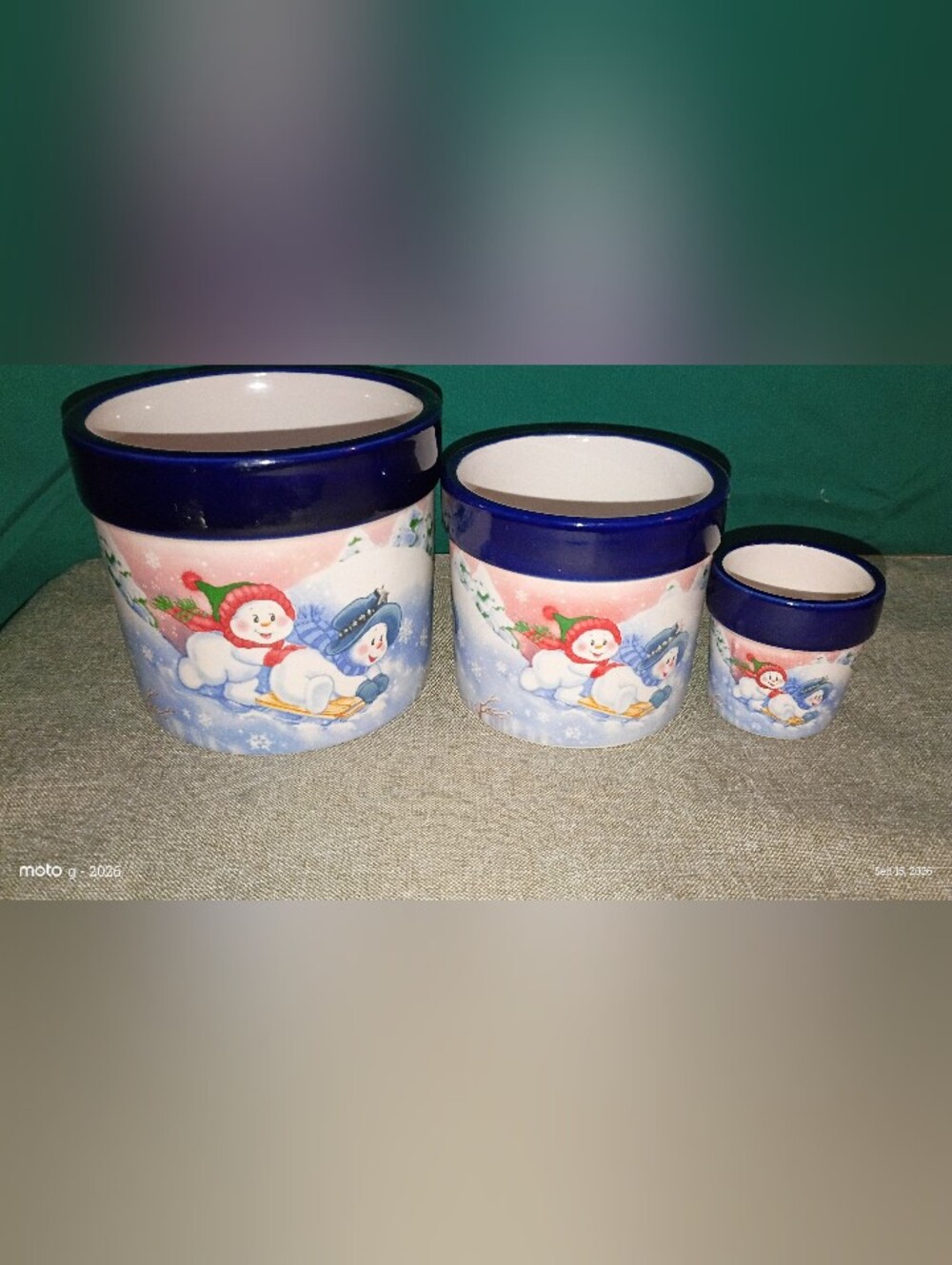 Set Of 3 Ceramic Snowman Canister Or Crocks.